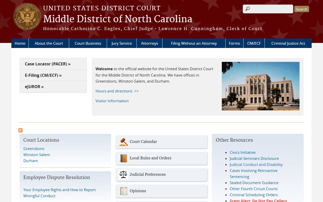 U.S. District Court Middle District of North Carolina website showing Guilford County court dockets