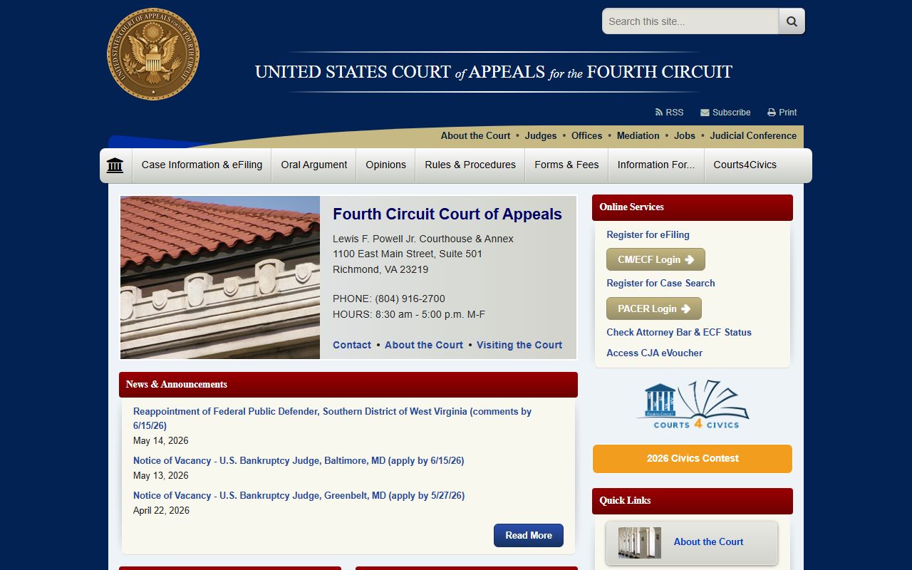 U.S. Court of Appeals Fourth Circuit website for Guilford County court dockets on appeal