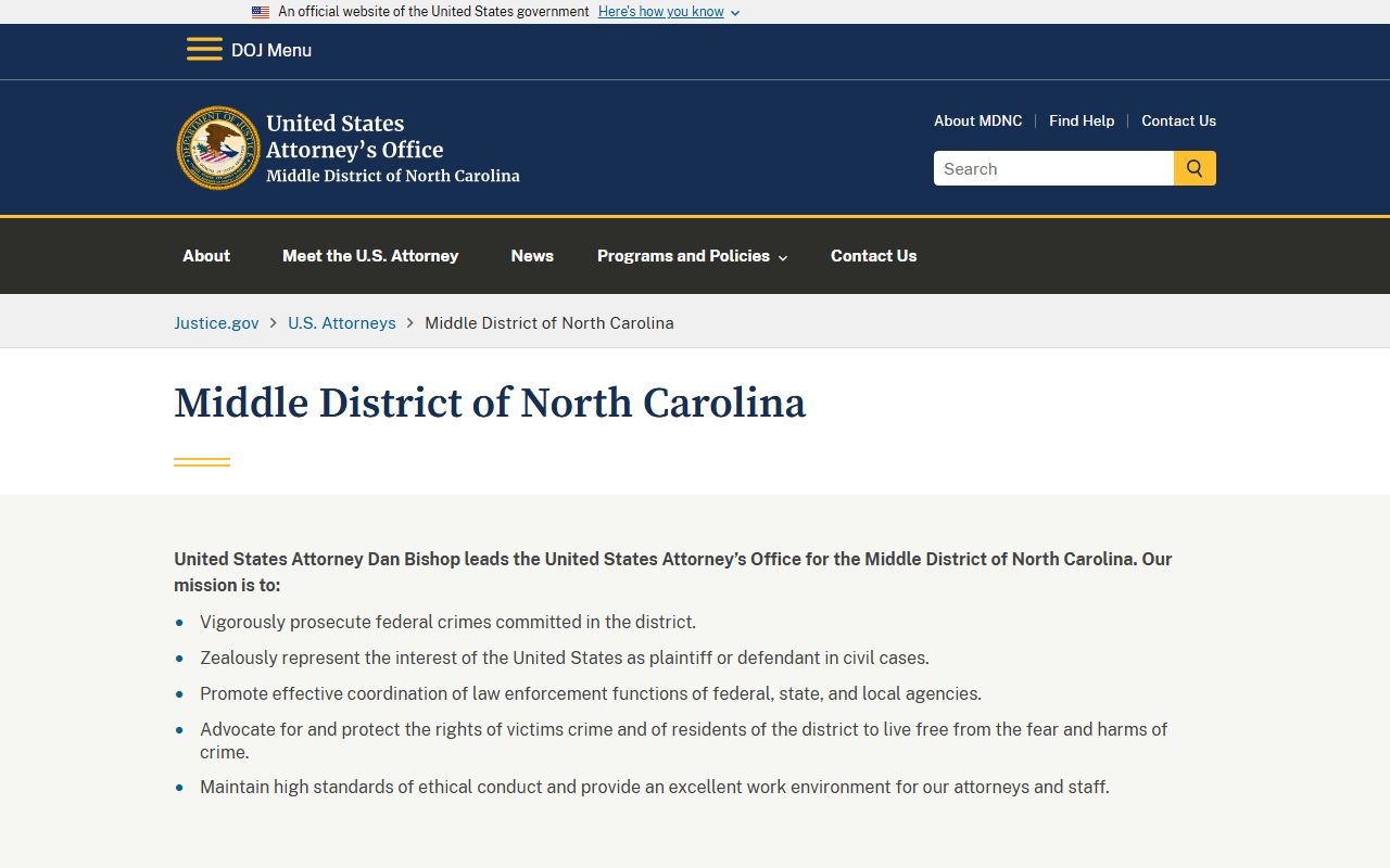 U.S. Attorney's Office Middle District of North Carolina page related to Guilford County arrest records and federal prosecutions