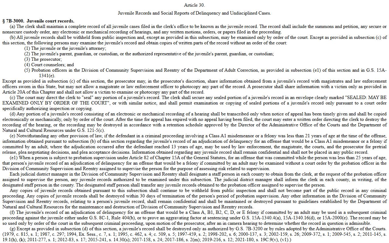 North Carolina juvenile record confidentiality statute page related to Guilford County arrest records restrictions