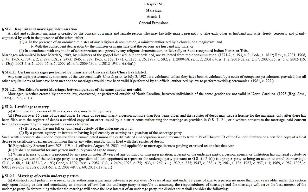 North Carolina Chapter 51 marriage statutes governing Guilford County marriage and divorce records