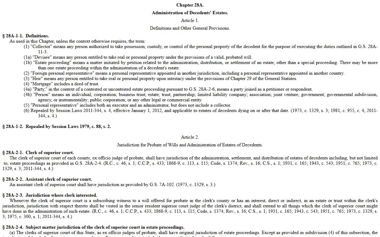 North Carolina Chapter 28A estate administration statutes for Guilford County probate records