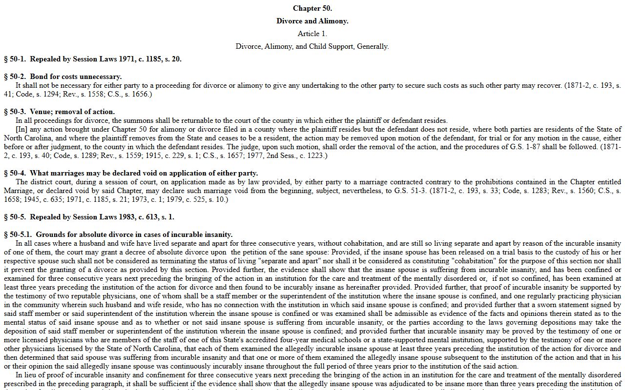 North Carolina Chapter 50 divorce and domestic statutes separate from Guilford County probate records