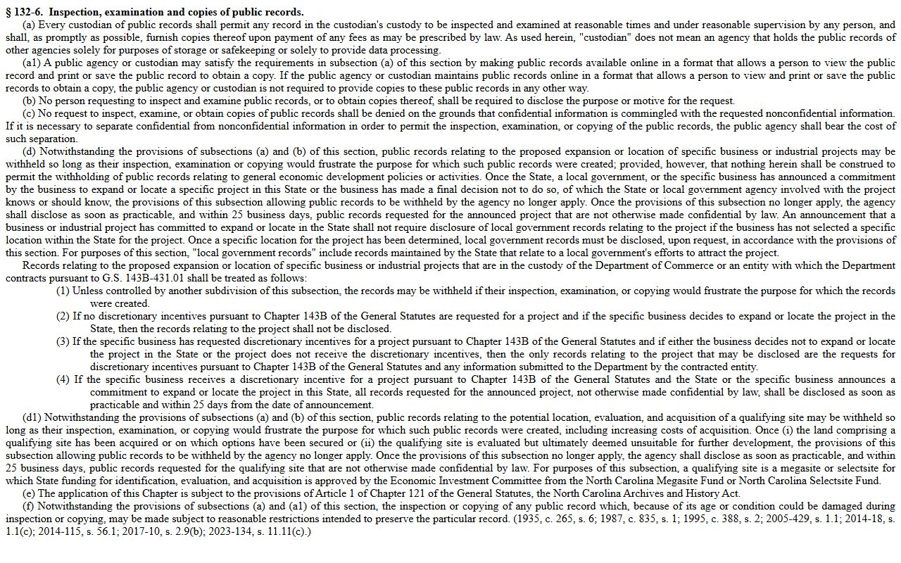 North Carolina public records inspection and examination statute for Guilford County records